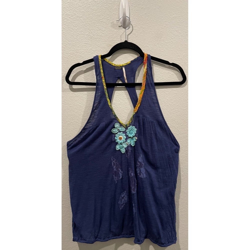 FREE PEOPLE Hippie Navy Embroidered V-Neck Sleeveless Top
